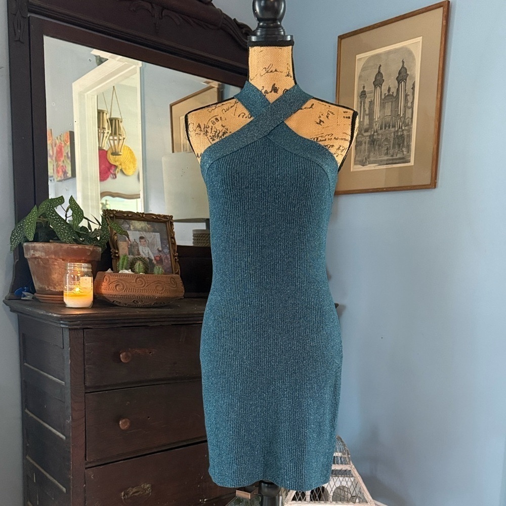 Sincerely Jules Metallic Teal Ribbed Halter Bodycon Mini Dress NWT Medium - Picture 2 of 14